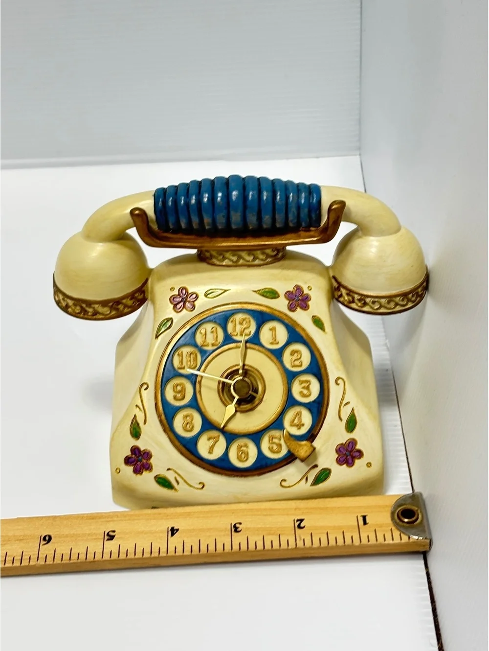 Clock Vintage Ceramic Rotary Phone Figurine with Floral Design and Blue Accents